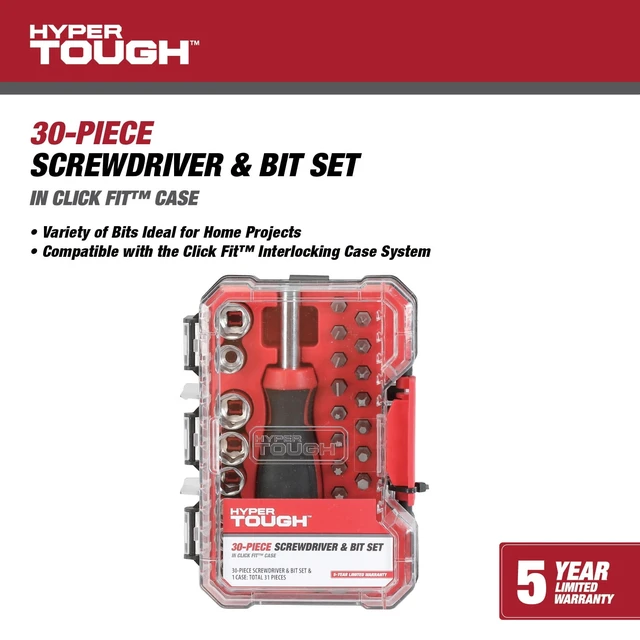 Alt view image 3 of 6 - Hyper Tough 30-Piece Screwdriver Handle and Bit Set in Click Fit Case
