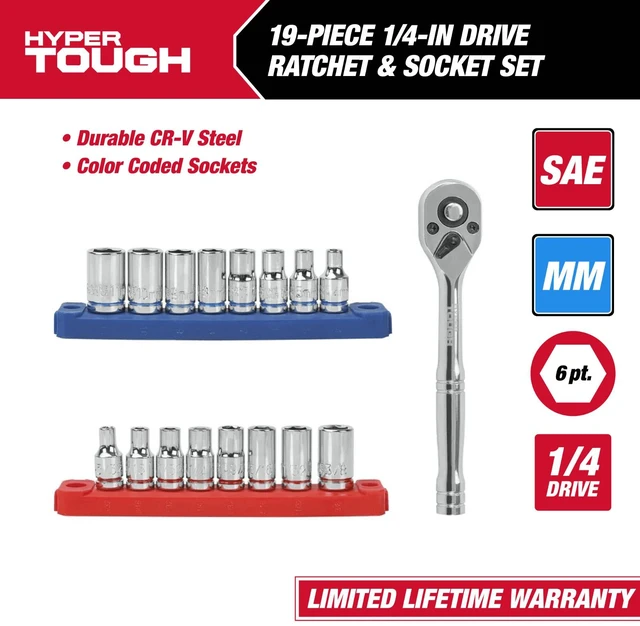 Alt view image 3 of 6 - Hyper Tough 19-Piece 1/4-Inch Drive Ratchet and Socket Set, SAE and Metric