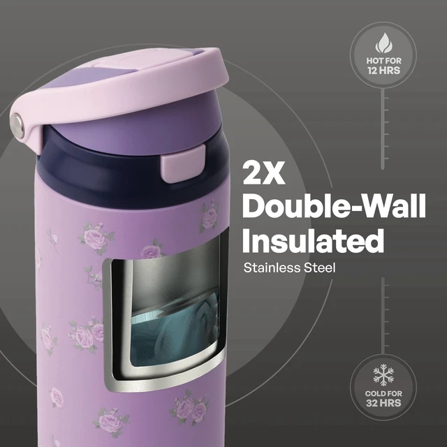 Alt view image 4 of 6 - TAL 24oz Stainless Steel 2-in-1 Straw and Chug Water Bottle with Push Lid, Purple Flowers