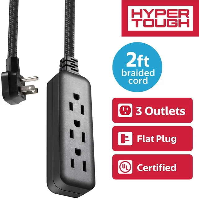 Main image of Hyper Tough Flat Plug Extension Cord, 2ft, Braided, 3 Outlets, 3-Prong Grounded, Indoor, Black