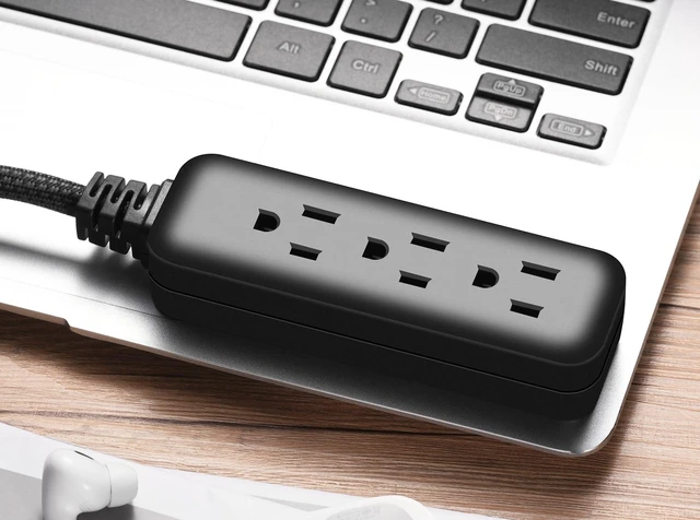 Alt view image 6 of 6 - Hyper Tough Flat Plug Extension Cord, 2ft, Braided, 3 Outlets, 3-Prong Grounded, Indoor, Black