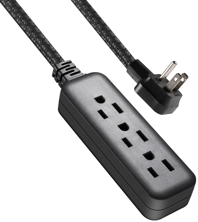 Alt view image 2 of 6 - Hyper Tough Flat Plug Extension Cord, 2ft, Braided, 3 Outlets, 3-Prong Grounded, Indoor, Black