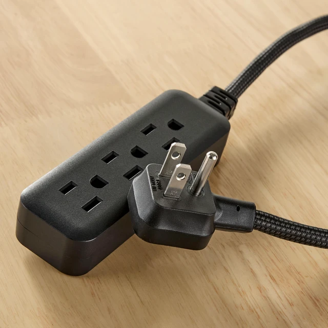 Alt view image 3 of 6 - Hyper Tough Flat Plug Extension Cord, 2ft, Braided, 3 Outlets, 3-Prong Grounded, Indoor, Black