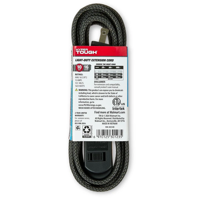 Alt view image 6 of 6 - Hyper Tough 10ft Indoor Extension Cord, 3 Outlets, 2 Prong, Braided, Black