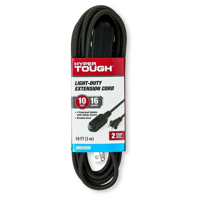 Alt view image 4 of 6 - Hyper Tough 10ft Indoor Extension Cord, 3 Outlets, 2 Prong, Braided, Black