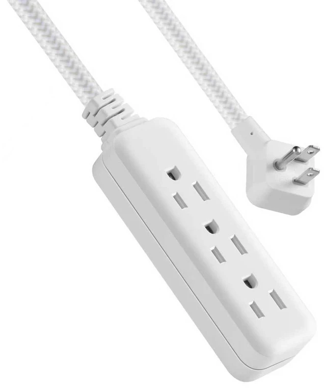 Alt view image 5 of 5 - Hyper Tough Flat Plug Extension Cord, 3 Outlets, 2ft Braided Fabric, 3-Prong Grounded, Indoor, White