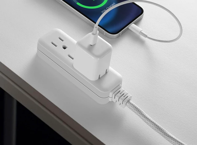 Alt view image 3 of 5 - Hyper Tough Flat Plug Extension Cord, 3 Outlets, 2ft Braided Fabric, 3-Prong Grounded, Indoor, White