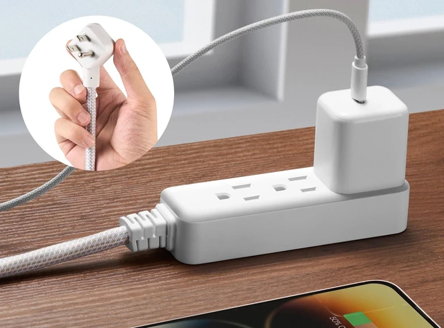 Alt view image 2 of 5 - Hyper Tough Flat Plug Extension Cord, 3 Outlets, 2ft Braided Fabric, 3-Prong Grounded, Indoor, White