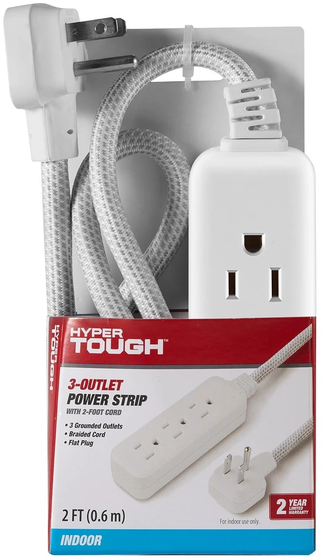 Alt view image 4 of 5 - Hyper Tough Flat Plug Extension Cord, 3 Outlets, 2ft Braided Fabric, 3-Prong Grounded, Indoor, White