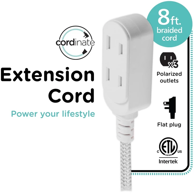 Main image of Cordinate 8FT 3-Outlet Indoor Extension Cord, Flat Plug, 2 Prong, Slide-to-Lock Covers, White/Gray