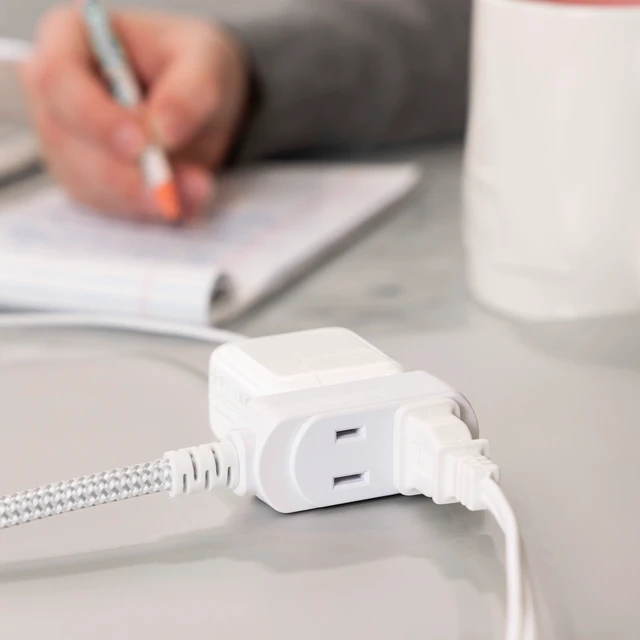 Alt view image 6 of 7 - Cordinate 8FT 3-Outlet Indoor Extension Cord, Flat Plug, 2 Prong, Slide-to-Lock Covers, White/Gray