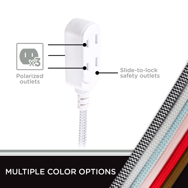 Alt view image 3 of 7 - Cordinate 8FT 3-Outlet Indoor Extension Cord, Flat Plug, 2 Prong, Slide-to-Lock Covers, White/Gray
