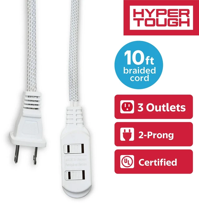 Main image of Hyper Tough 10ft 3-Outlet White Braided Extension Cord, 2-Prong, Indoor