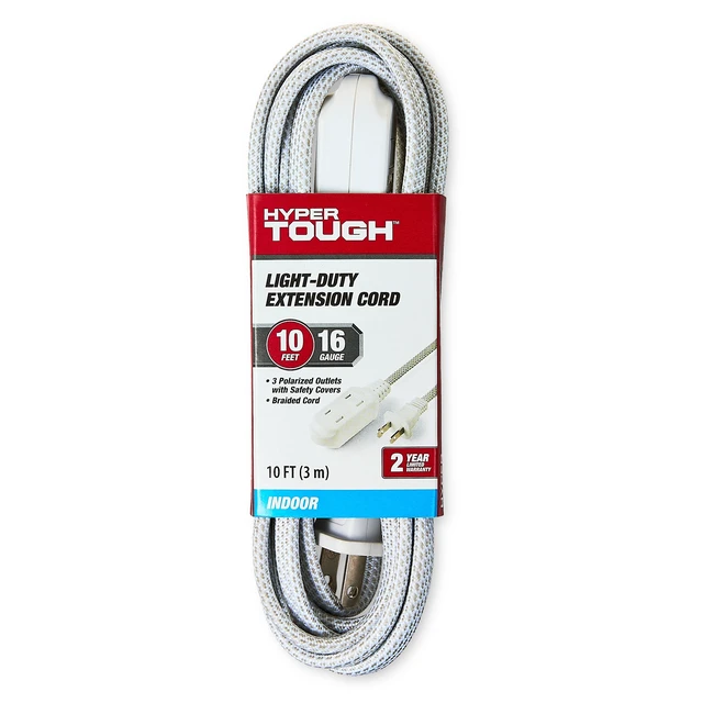 Alt view image 6 of 6 - Hyper Tough 10ft 3-Outlet White Braided Extension Cord, 2-Prong, Indoor