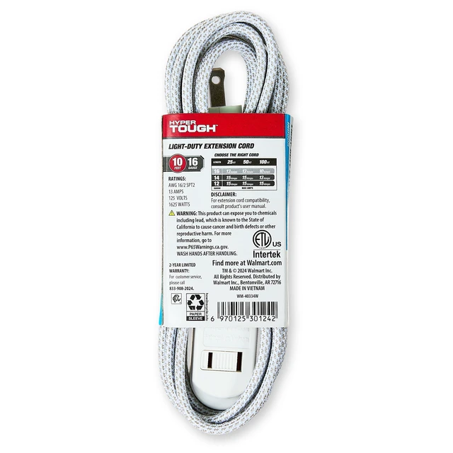 Alt view image 4 of 6 - Hyper Tough 10ft 3-Outlet White Braided Extension Cord, 2-Prong, Indoor