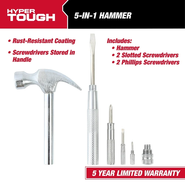 Alt view image 3 of 6 - Hyper Tough 5-in-1 Hammer & Screwdriver Set