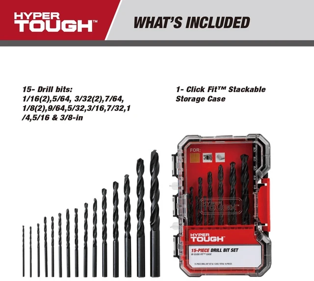 Alt view image 6 of 6 - Hyper Tough 41015CF 15-Piece Black Oxide Drill Bit Set with Click Fit Case