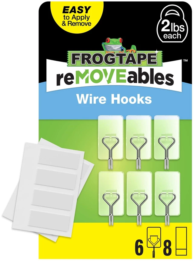 Main image of FrogTape reMOVEables Medium Clear Wire Hooks, 6 Hooks and 8 Adhesive Strips