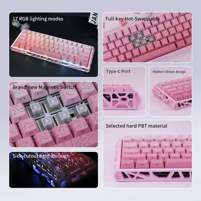 Alt view image 5 of 6 - 61-Key 60% Layout Magnetic Switch Gaming Keyboard with Hot-Swappable Adjustable Magnetic Switches, RGB Backlit PBT Keycaps, 6-Color Skeleton Hollow Case, Full N-Key Rollo
