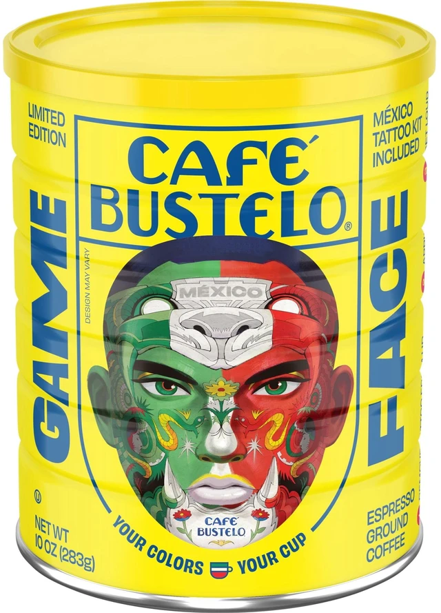 Main image of Cafe Bustelo Espresso Style Dark Roast Ground Coffee, Limited Edition Game Face Design, Tattoo Kit Included, 10 oz Can