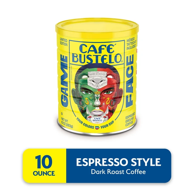 Alt view image 5 of 6 - Cafe Bustelo Espresso Style Dark Roast Ground Coffee, Limited Edition Game Face Design, Tattoo Kit Included, 10 oz Can