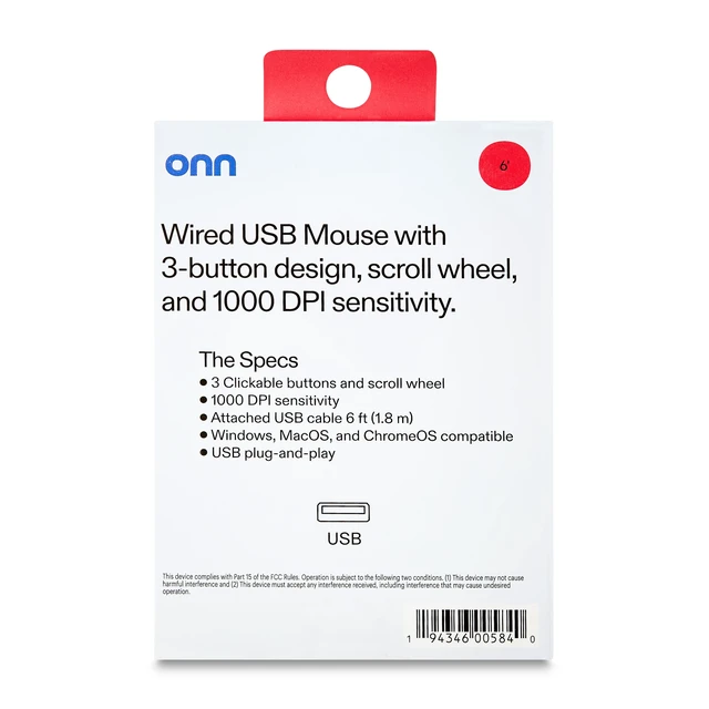 Alt view image 6 of 6 - Onn Wired USB Mouse, 3-Button, Gray