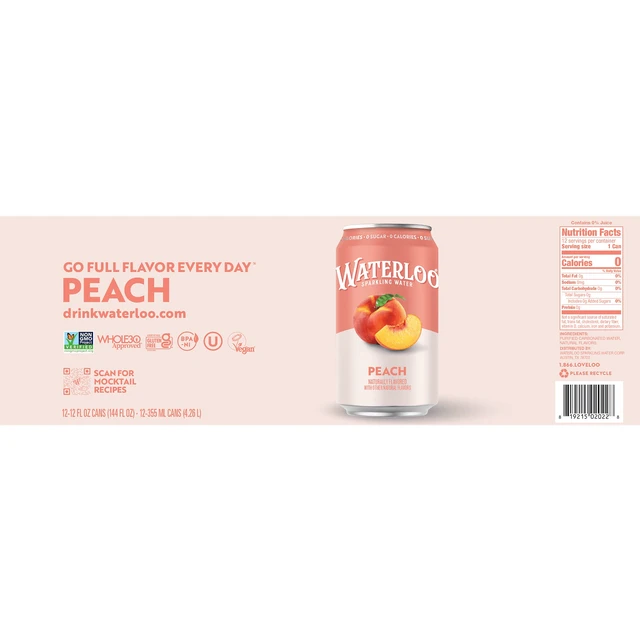 Alt view image 3 of 5 - Waterloo Sparkling Water Peach, 12 fl oz, 12 Pack Cans