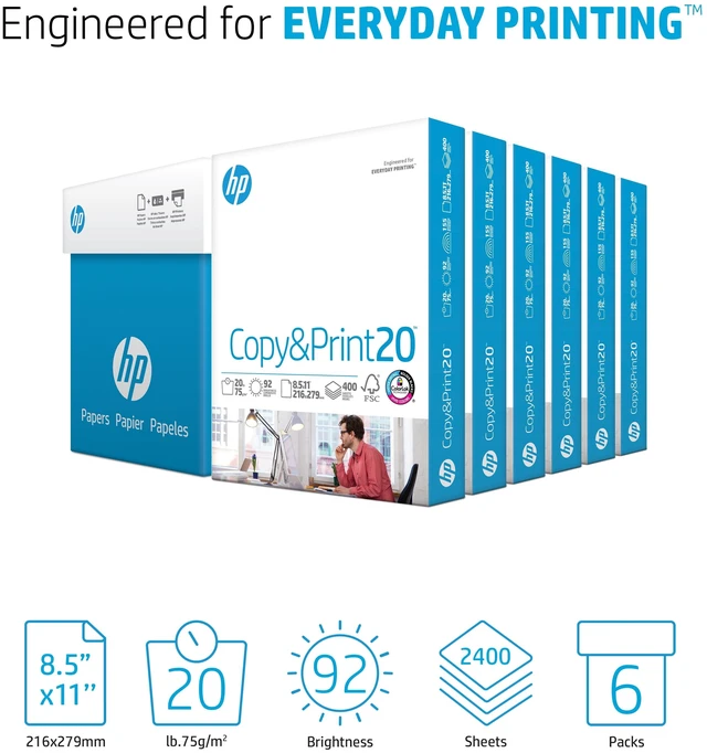 Alt view image 4 of 5 - HP Printer Paper 20lb 8.5x11 White 2400 Sheets 6 Pack
