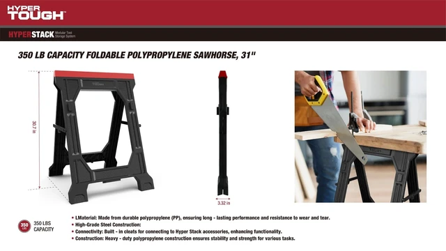 Alt view image 5 of 5 - Hyper Tough Hyper Stack 350 lb Capacity Foldable Polypropylene Sawhorse, 31 in