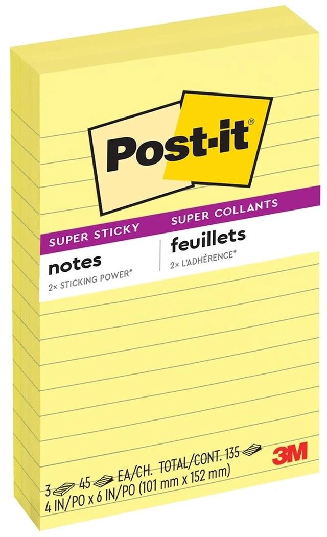 Main image of Post-it Super Sticky Lined Notes, 4" x 6", Canary Yellow, 3 Pack