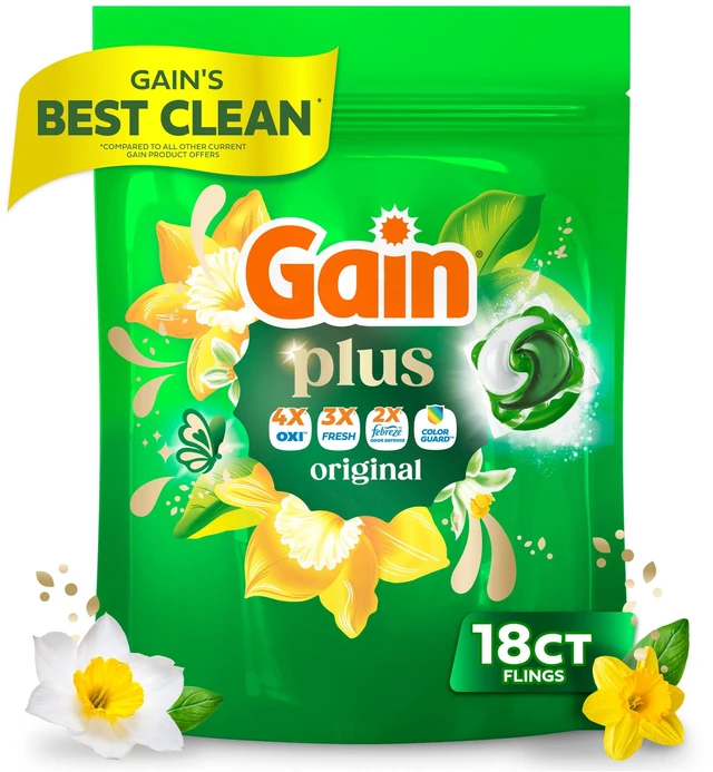 Main image of Gain Plus Flings Laundry Detergent Pacs, Original Scent, All-In-One Clean, 18 Count
