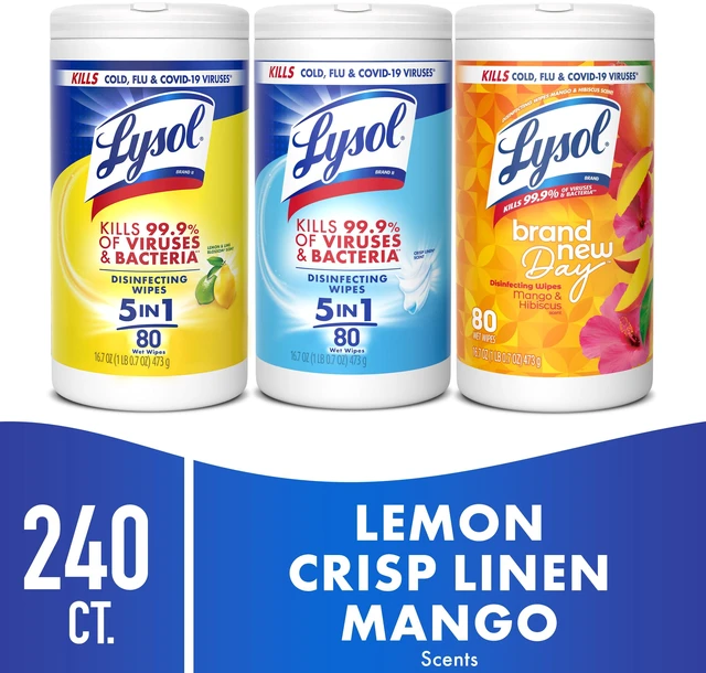 Main image of Lysol Disinfecting Wipes, Multi Surface Antibacterial, 80 Count Each (Pack of 3), Lemon + Crisp Linen + Mango & Hibiscus Scent