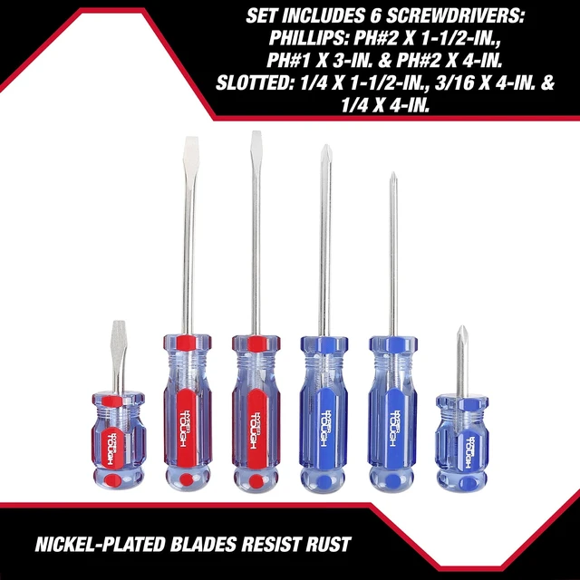 Alt view image 3 of 6 - Hyper Tough 935G6C 6-Piece Phillips and Slotted Screwdriver Set with Acetate Handle