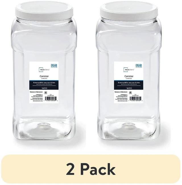 Main image of Mainstays 2-Pack 4-Quart Clear Plastic Canister with White Twist-Top Lid, 5.83" x 5.16" x 10.20"