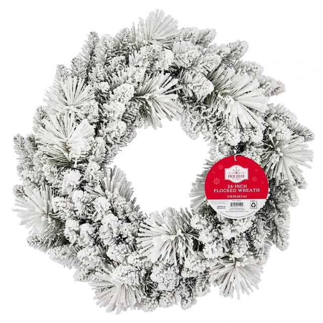 Alt view image 3 of 6 - Holiday Time Snow-Flocked Evergreen Artificial Christmas Wreath, Green/White, 24"