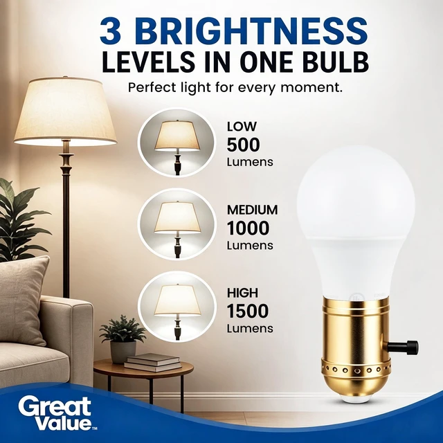 Alt view image 3 of 6 - Great Value A19 3-Way LED Light Bulb, Daylight 40/60/100W Equivalent, E26 Medium Base, 1 Count