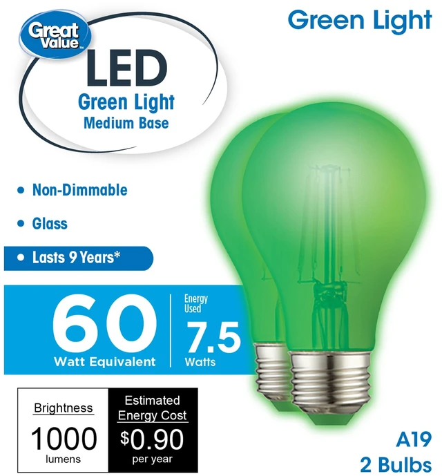 Main image of Great Value LED Light Bulb 7.5W (60W Equivalent) A19 E26 Medium Base Non-Dimmable Green 2-Pack
