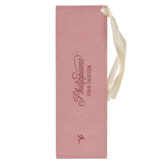 Alt view image 2 of 2 - Christian Art Gifts Pink & Gold Faux Leather Bible Verse Bookmark for Women: Everything Through Christ Philippians 4:13 with Satin Ribbon Floral Debossed