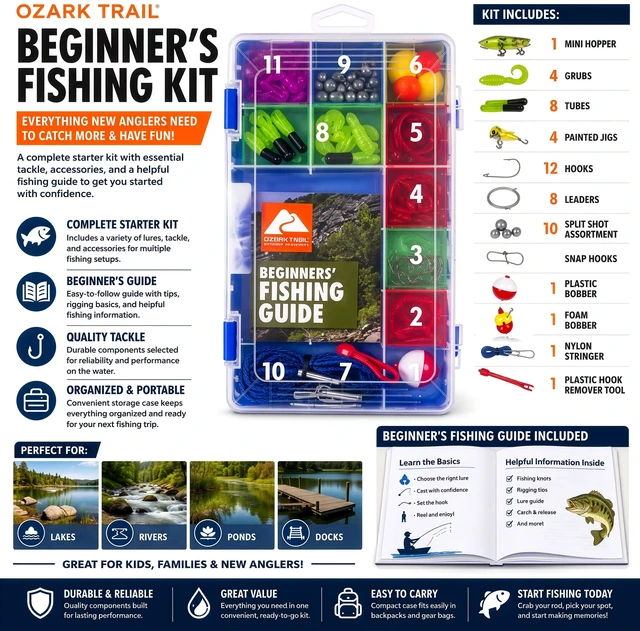Alt view image 3 of 6 - Ozark Trail Beginner's Fishing Kit with Assorted Tackle, Bobbers, Hooks & Accessories