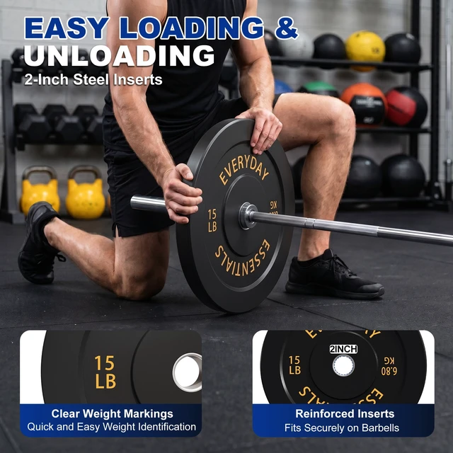 Alt view image 4 of 6 - Signature Fitness Olympic Bumper Plate 15 LB, 2-Inch Solid Rubber, Black Single