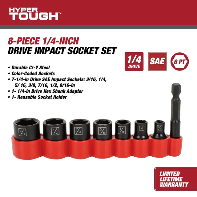 Alt view image 3 of 5 - Hyper Tough 8-Piece 1/4-Inch Drive Impact Socket Set (SAE)