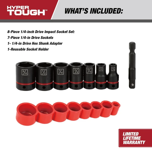 Alt view image 2 of 5 - Hyper Tough 8-Piece 1/4-Inch Drive Impact Socket Set (SAE)