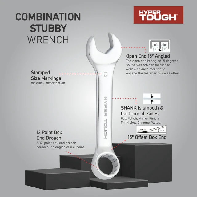 Alt view image 5 of 6 - Hyper Tough 12-Piece Stubby Combination Wrench Set