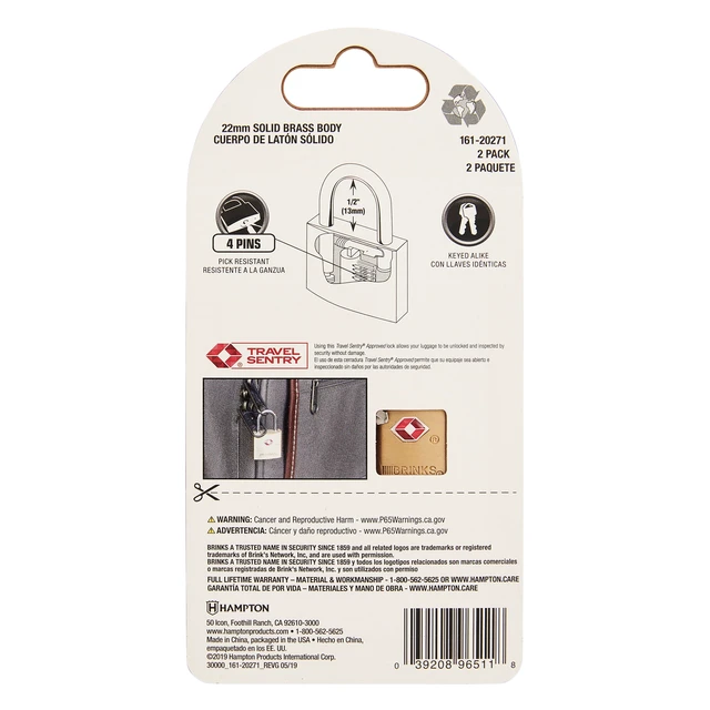 Alt view image 2 of 6 - Brinks Solid Brass 22mm TSA Travel Keyed Padlock with 1/2in Shackle, 2 pack