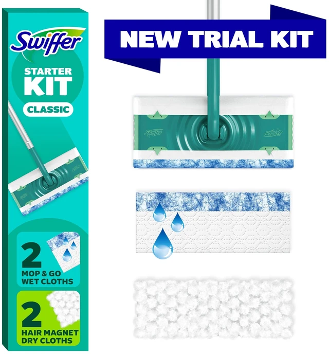 Main image of Swiffer Starter Classic Kit (1 Device, 2 Hair Magnet Dry Cloths, 2 Mop & Go Wet Cloths)