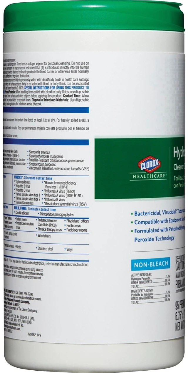 Alt view image 3 of 3 - Clorox® Healthcare® Hydrogen Peroxide Disinfecting Wipes, 9" x 6 3/4", White, Canister Of 95 Wipes