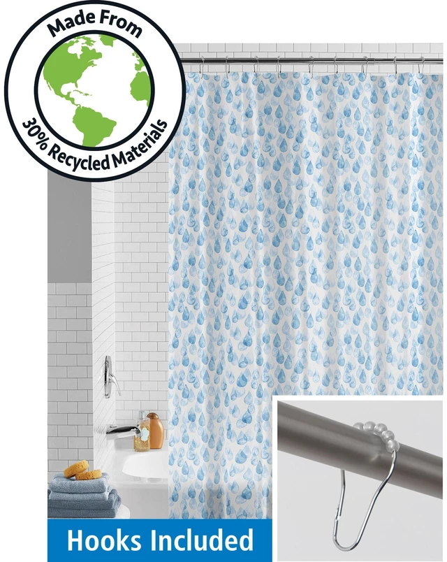 Main image of Mainstays Eco-friendly Water Drops Waterproof Recycled PEVA Shower Curtain Set with 12 Hooks, Blue