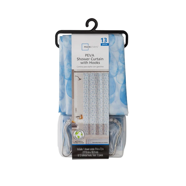 Alt view image 4 of 6 - Mainstays Eco-friendly Water Drops Waterproof Recycled PEVA Shower Curtain Set with 12 Hooks, Blue