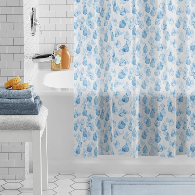 Alt view image 2 of 6 - Mainstays Eco-friendly Water Drops Waterproof Recycled PEVA Shower Curtain Set with 12 Hooks, Blue