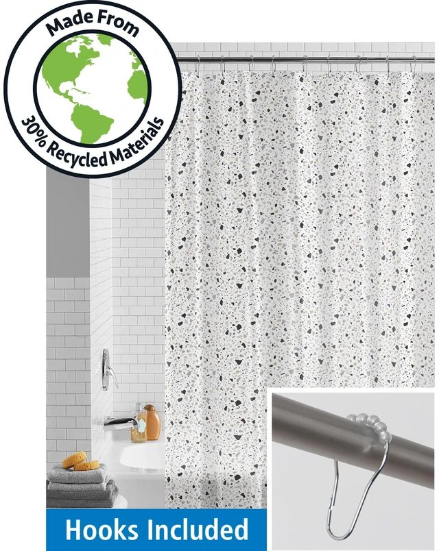 Main image of Mainstays Terrazzo Waterproof PEVA Shower Curtain Set with Hooks, 30% Post-Consumer Recycled Material, Black and White